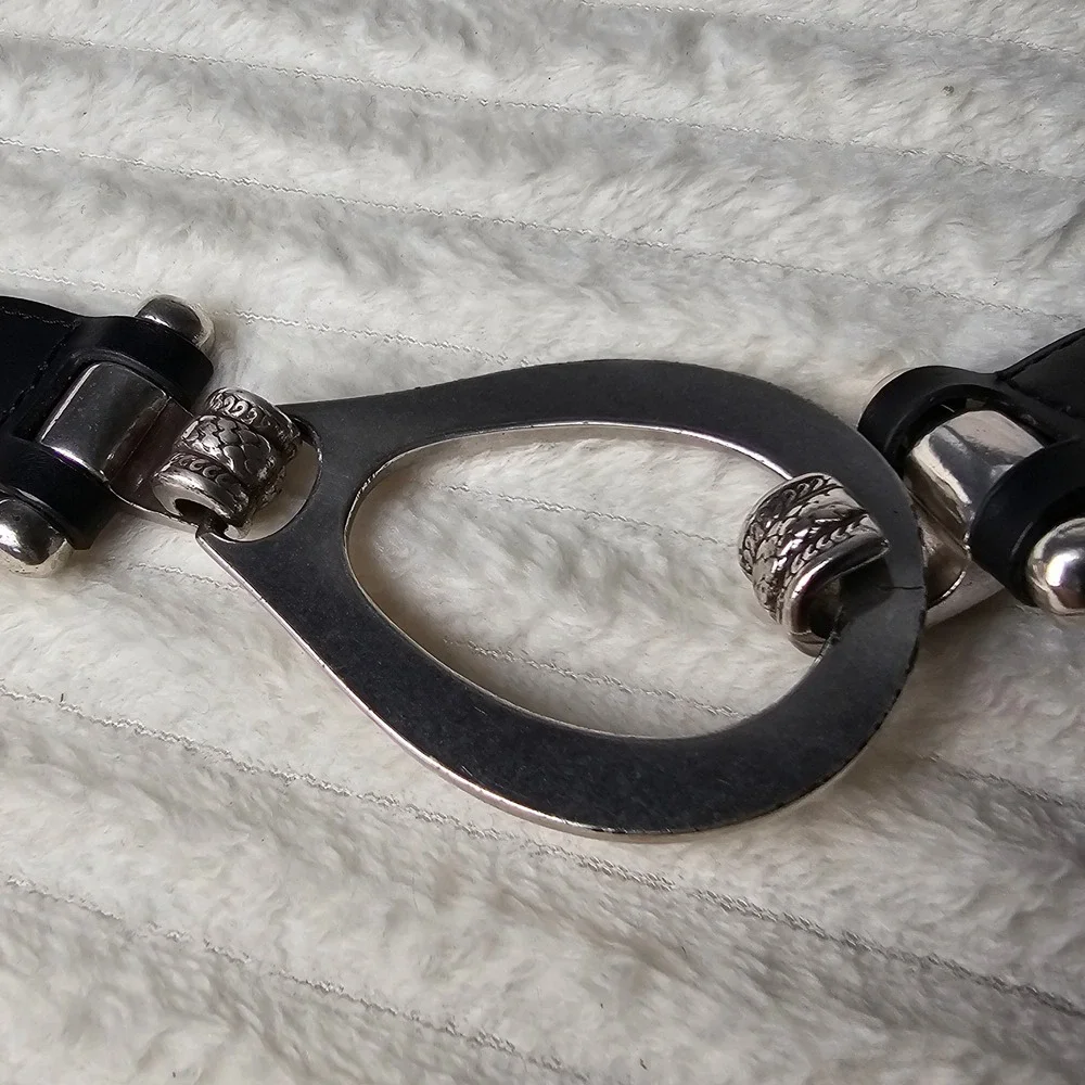 Brighton Womens Hook Buckle Leather Belt XL Black Silver Western Minimalist